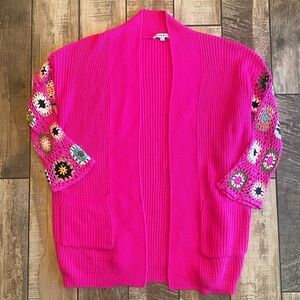 Blakeley Vibrant Pink Cardigan with Colorful Crochet Knit Sleeves